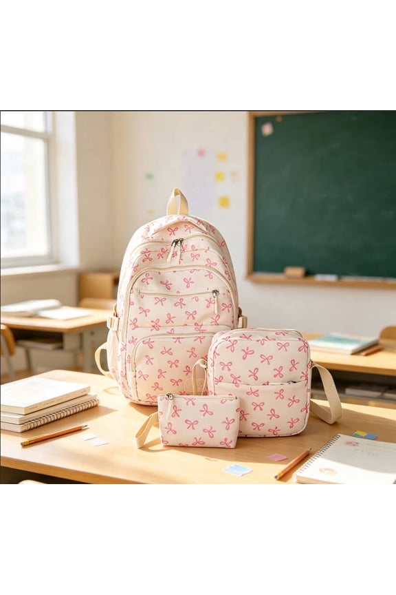 3 Piece Coquette Bow Print Backpack Set, Lightweight Adjustable Straps Lightweight, Nylon Multi Compartment Bookbag, Cute Aesthetic Laptop Daypack for Back to School Travel Daily Use