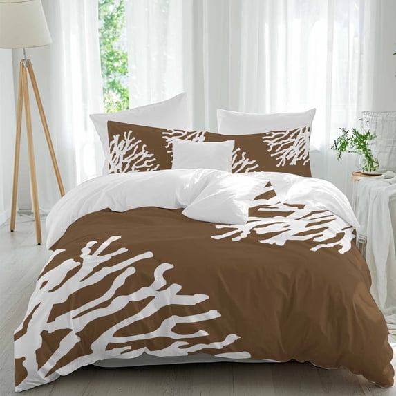 3 Piece Coral Brown Duvet Cover Set Twin Size,Microfiber Comforter/Quilt Cover with Corner Ties and 2 Pillowcases,White Coastal Ocean Marine Nautical Beach All Season Soft Bedding with Zipper Closure