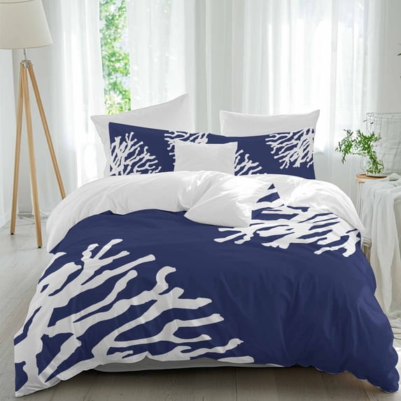 3 Piece Coral Navy Blue Duvet Cover Set Queen Size,Microfiber Comforter/Quilt Cover with Corner Ties and 2 Pillowcases,Coastal Ocean Marine Nautical Beach All Season Soft Bedding with Zipper Closure