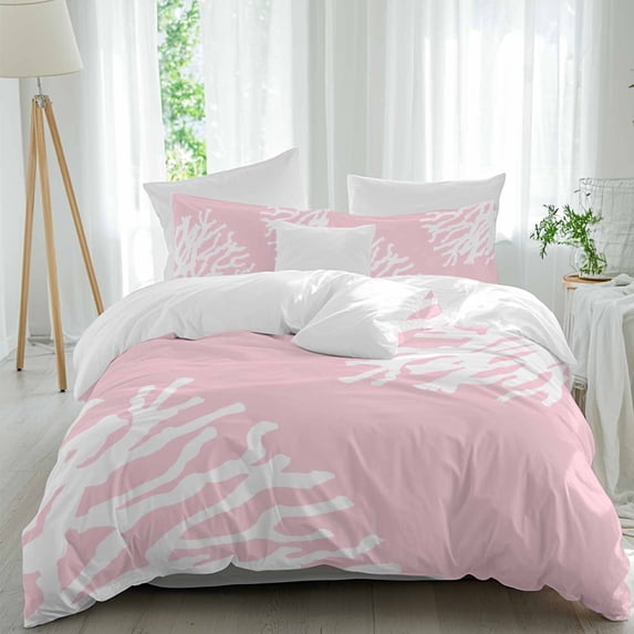 3 Piece Coral Pink Duvet Cover Set Twin Size,Microfiber Comforter/Quilt Cover with Corner Ties and 2 Pillowcases,Coastal White Ocean Marine Nautical Beach All Season Soft Bedding with Zipper Closure