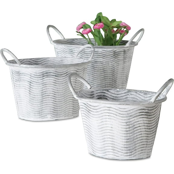 3 Piece Corrugated Wave Planter Set, Shabby White Washed, Pale Grey, Metal, Oval Cache Pots, 12.5, 11.5, and 9.5 Inches