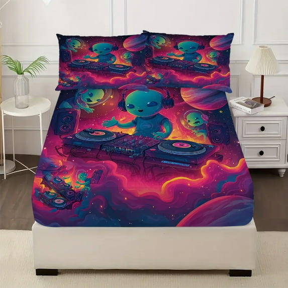 3-Piece Cosmic DJ Groove Print Bed Sheet Set - Ultra Soft Fitted Sheet & Pillowcases, Floral Bedding Collection for Girls, Teens and Adults