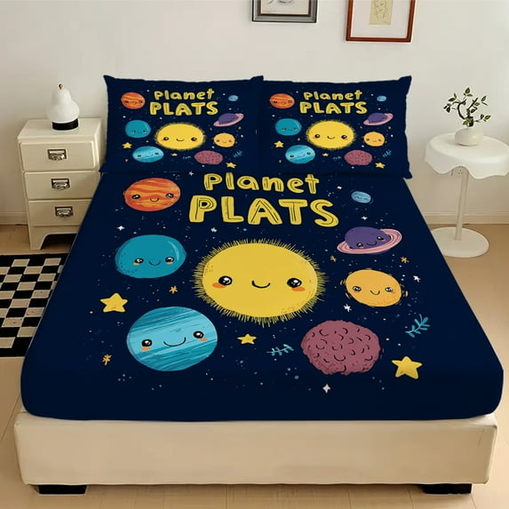 3-Piece Cosmic Smiling Sun Print Bed Sheet Set - Ultra Soft Fitted Sheet & Pillowcases, Floral Bedding Collection for Girls, Teens and Adults