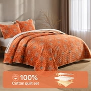 3-Piece Cotton Patchwork Quilt Set, Orange Floral Quilt Bedding Set, Spring and Summer Bedspread, King Size with 2 Shams 20*36in