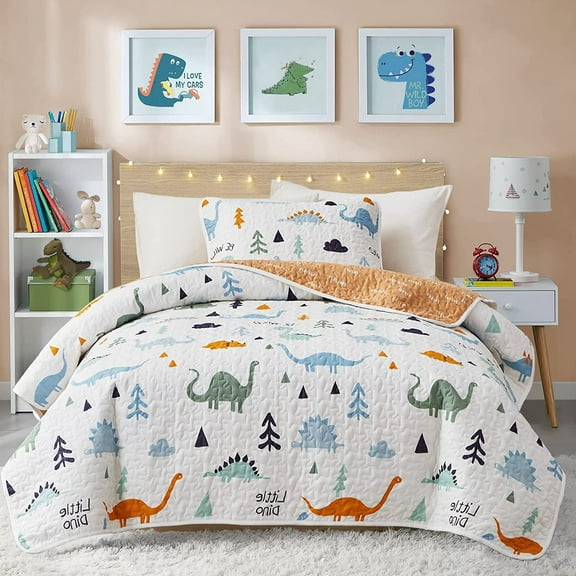3-Piece Cotton Quilt Set Full/Queen, Cute Dinosaur Reversible Design for Kids Boys n Girls, Breathable Quilt Bedspread Bed Cover for All Season,