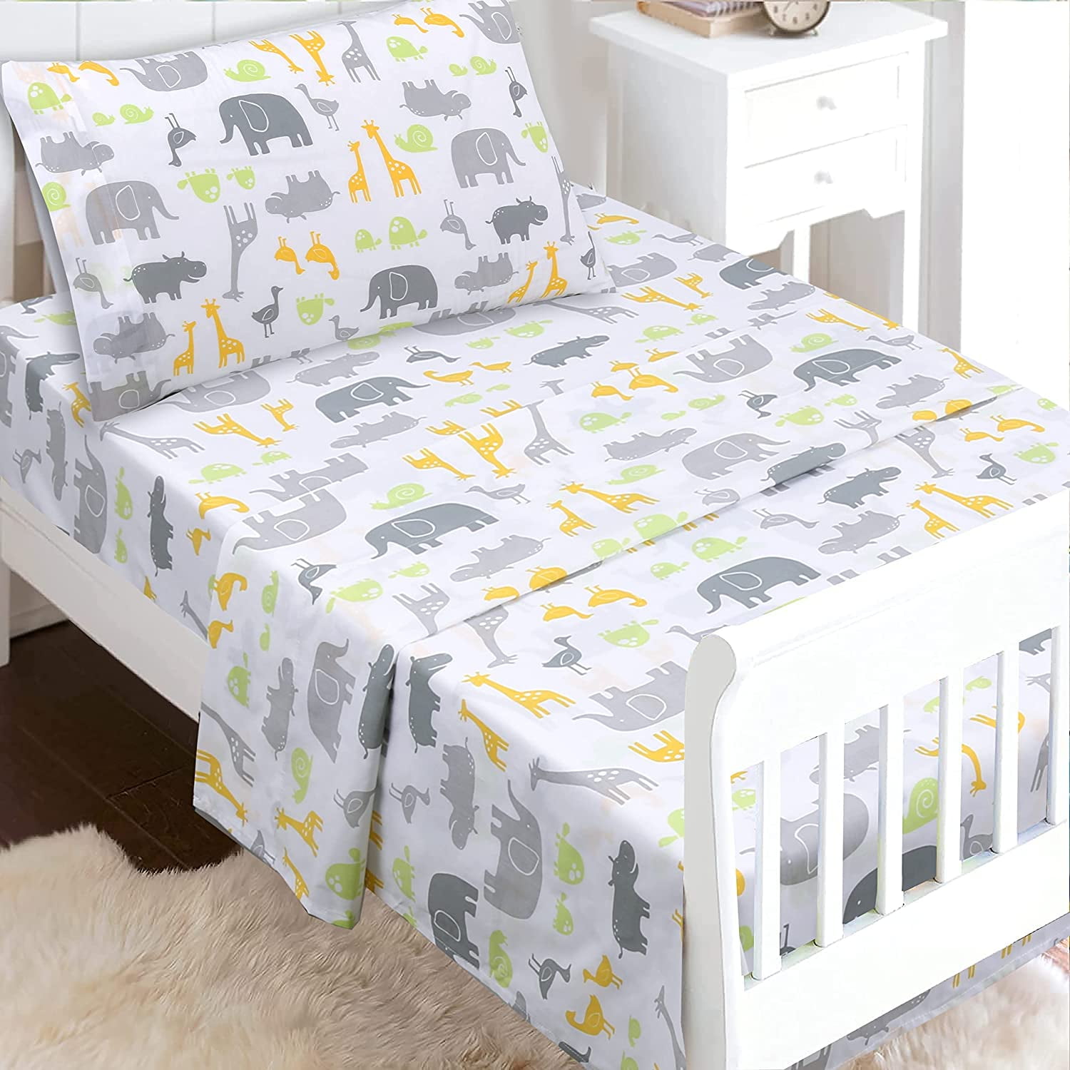 3-Piece Cotton Toddler Sheet Set for Kids Boys & Girls (Animals, Fish, Sports, Floral) SafariAnimals