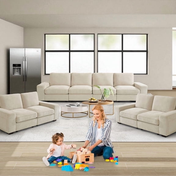 3 Piece Couches Set, 8 Seater Sofa Set Couch with Storage Layer, Removable and Washable Cushion Cover, Modern Sofa 128&73&73 Sofa with Solid Frame, Couches for Living Room, Beige Chenille