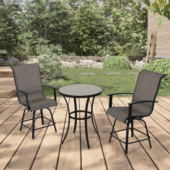 3 Piece Counter Height Bar Set with Swivel Stools and Ceramic Tile Table for Outdoor Kitchen