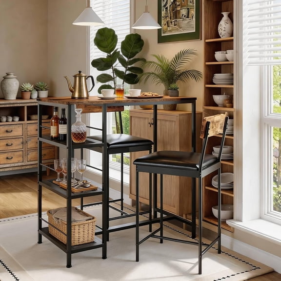3 Piece Counter Height Dining Bar Table Set with 4 Tier Storage Shelves 2 Padded Stools Heavy Duty Metal Frame Kitchen Breakfast Nook Apartment Small Space