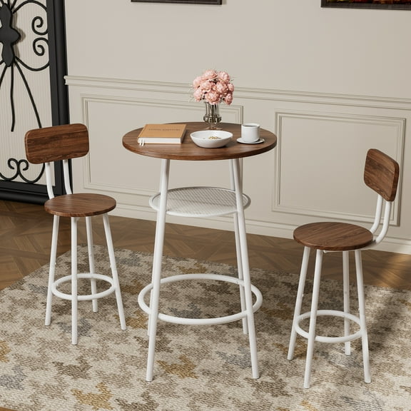 3 Piece Counter Height Dining Set, Paproos 23" Round Bar Table and 2 Bar Stools, Pub Table with Storage Rack, Bar Stools with Backrest, Industrial Bar Table Set for Kitchen Breakfast Nook, Brown