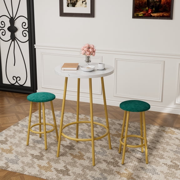 3 Piece Counter Height Dining Set, Paproos 23" Round Bar Table and 2 Leather Upholstered Bar Stools, Pub Table with Wood Grain Tabletop, Industrial Bar Table Set for Kitchen Breakfast Nook, White