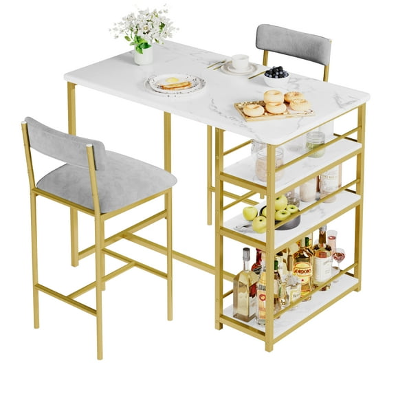 3-Piece Counter Height Dining Table Set for 2, Bar Table with 3-Tier Storage Shelves and 2 Upholstered Bar Stools, Space-Saving Kitchen Table Set for Apartment, Studio, Gold