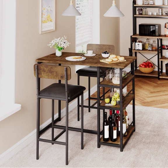 3 Piece Counter Height Dining Table Set for 2 with Velvet Upholstered Chairs and 3 Large Storage Shelves, Kitchen Bar Table Set for Small Space, Apartment, Rustic Brown