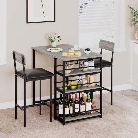 3 Piece Counter Height Dining Table Set for 2 with Velvet Upholstered Chairs and 3 Large Storage Shelves, Kitchen Bar Table Set for Small Space, Apartment, Rustic Gray