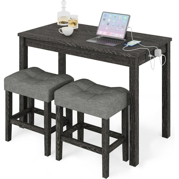 3-Piece Counter High Bar Table Set with Socket and 2 Fabric Padded Bar Stools, Tall Kitchen Breakfast Dining Table Set with Stools