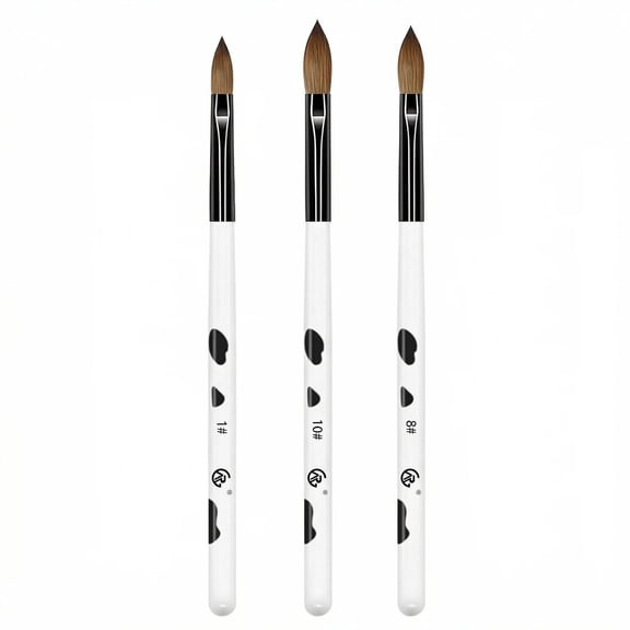 3-Piece Cow Nail Pen Set, Acrylic Nail Brush Set, Size 8/10/12, Acrylic Powder Nail Extension with Black and White Handle, Suitable for Beginners and Professionals