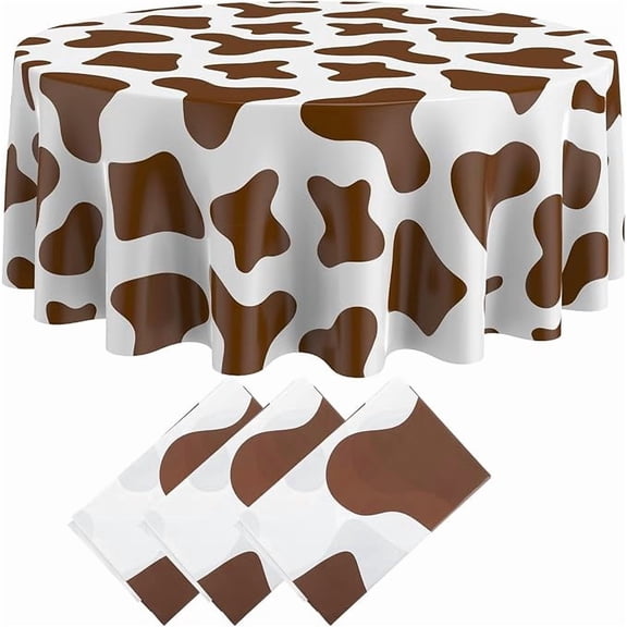 3 Piece Cow Tablecloth Round Plastic Disposable Table Covers Brown White 84 Inches