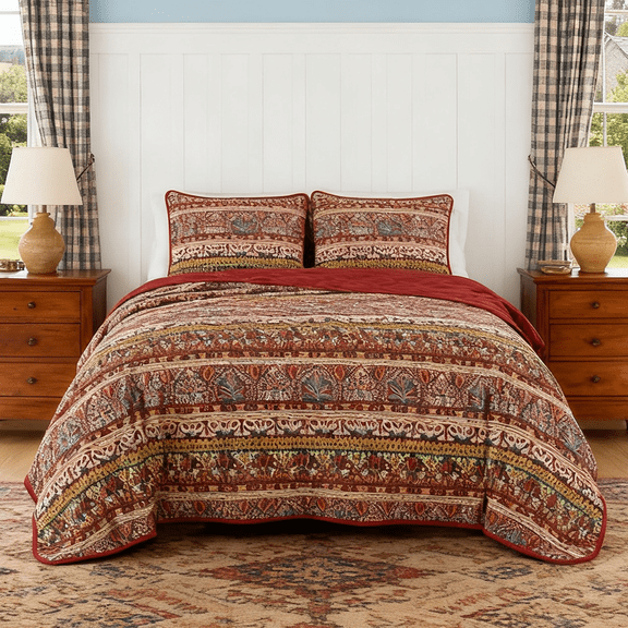 3-Piece Cozy Bohemian Reversible Quilt Bedspread Set in Bold Multicolor Pattern JB22785