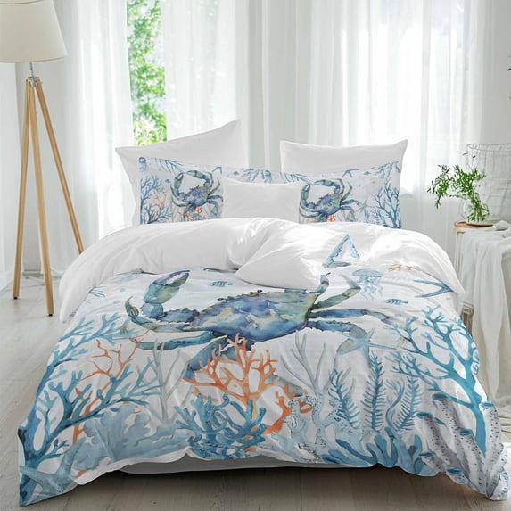 3 Piece Crab Duvet Cover Set California King,Microfiber Comforter/Quilt Cover with Corner Ties and 2 Pillowcases,Blue Coastal Starfish Ocean Coral Nautical All Season Soft Bedding with Zipper Closure