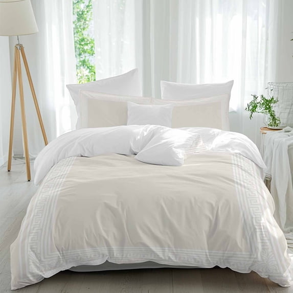 3 Piece Cream Greek Key Duvet Cover Set California King,Microfiber Comforter/Quilt Cover with Corner Ties and 2 Pillowcases,Geometric Greece Ancient Farmhouse Geo Soft Bedding with Zipper Closure