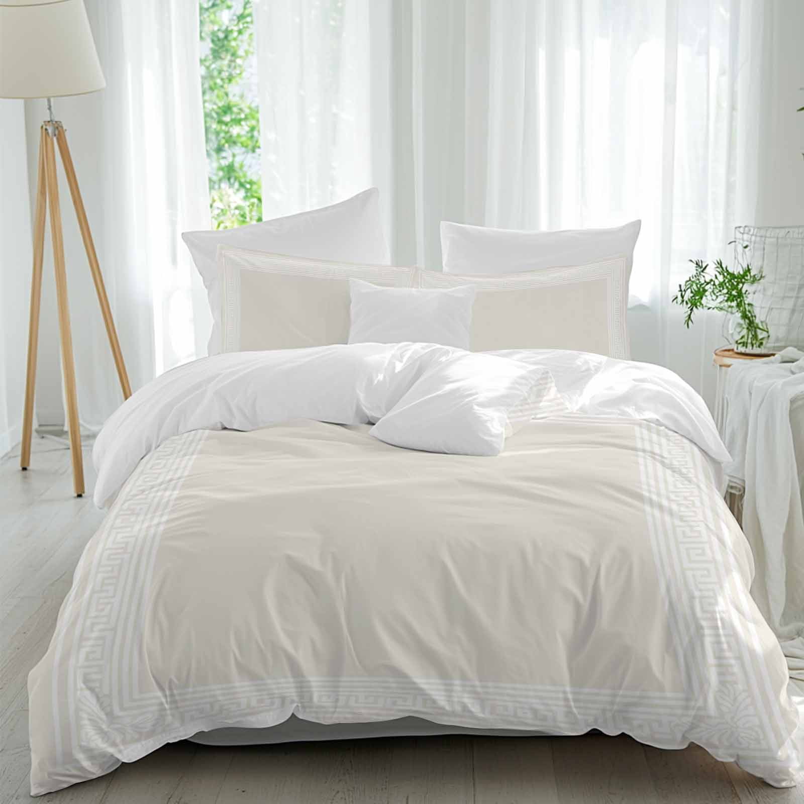 3 Piece Cream Greek Key Duvet Cover Set Full Size,Microfiber Comforter ...