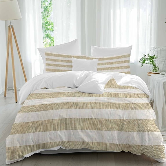 3 Piece Cream Striped Duvet Cover Set Queen Size, Microfiber Comforter/Quilt Cover with Corner Ties and 2 Pillowcases, Farmhouse Vintage Brown Stripes All Season Soft Bedding with Zipper Closure