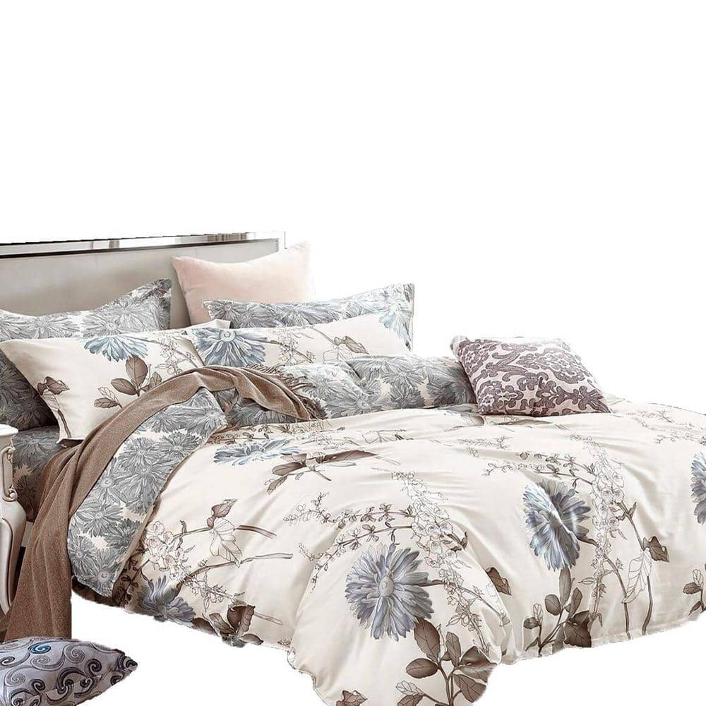 Cream and Blue Gray Floral Cotton Queen Duvet Cover Set