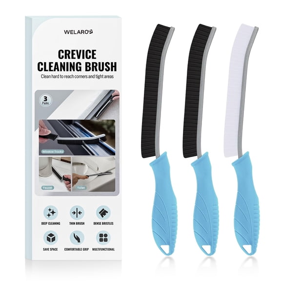 3-Piece Crevice Cleaning Brush with Hard Bristles - Grout Scrubber & Gap Cleaning Tool for Bathroom, Kitchen, Home Blue