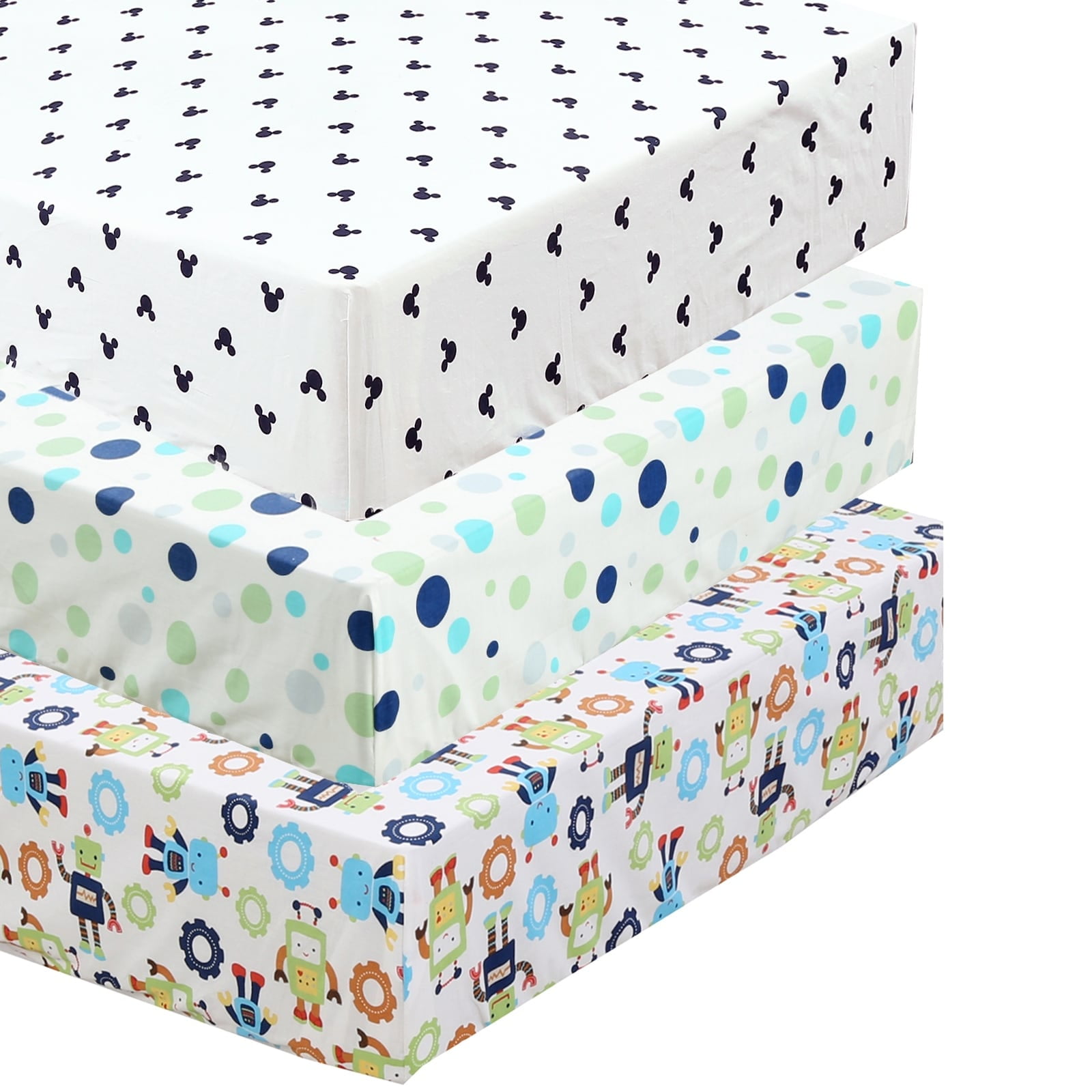 Danica 100% Cotton Fitted Baby Crib Sheet 3 Pack for baby Boys Girls |Standard Crib And Toddler Mattress Sheets | 28x52 Inch (3PK, Robot Mickey)