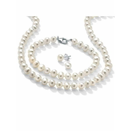 3 Piece Cultured Freshwater Pearl Necklace Bracelet and Earrings Set in Sterling Silver