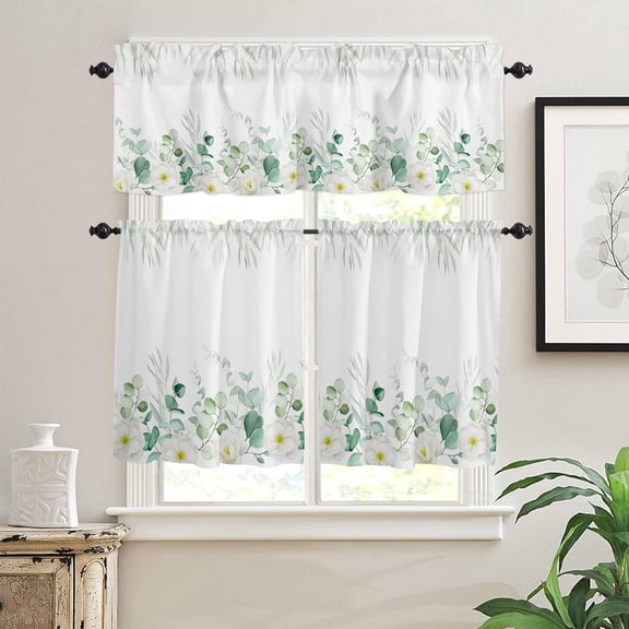 3 Piece Curtains Tiers and Valances Set, Eucalyptus Leaves Summer Watercolor Green Leaf Flower Rod Pocket Short Window Treatment Tiers Curtains Panel and Valance for Cafe Bathroom Kitchen