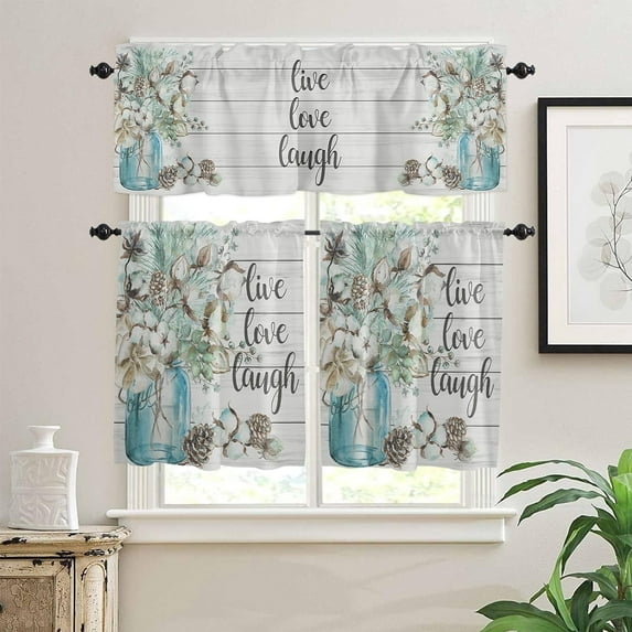 3 Piece Curtains Tiers and Valances Set, Live Love Laugh Cotton Vase Glass Jar Watercolor Wooden Vintage Farmhouse Rod Pocket Short Window Treatment Curtains Panel and Valance for Bathroom Kitchen