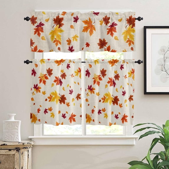 3 Piece Curtains Tiers and Valances Set, Thanksgiving Fall Maple Leaves Print Burlap Texture Background Rod Pocket Short Window Treatment Tiers Curtains Panel and Valance for Cafe Bathroom Kitchen