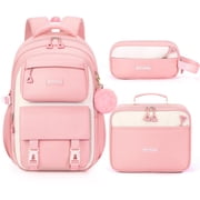 3-Piece Cute Backpack Set with Insulated Lunch Bag & Pencil Case, Pink & White