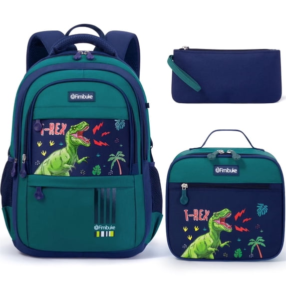 3-Piece Cute Backpacks Casual Daypack with Lunch Bag Pencil Pouch Set, Waterproof Lightweight Bookbag, Green Dinosaur