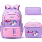 3-Piece Cute Backpacks Casual Daypack with Lunch Bag Pencil Pouch Set, Waterproof Lightweight Bookbag, Pink Unicorn