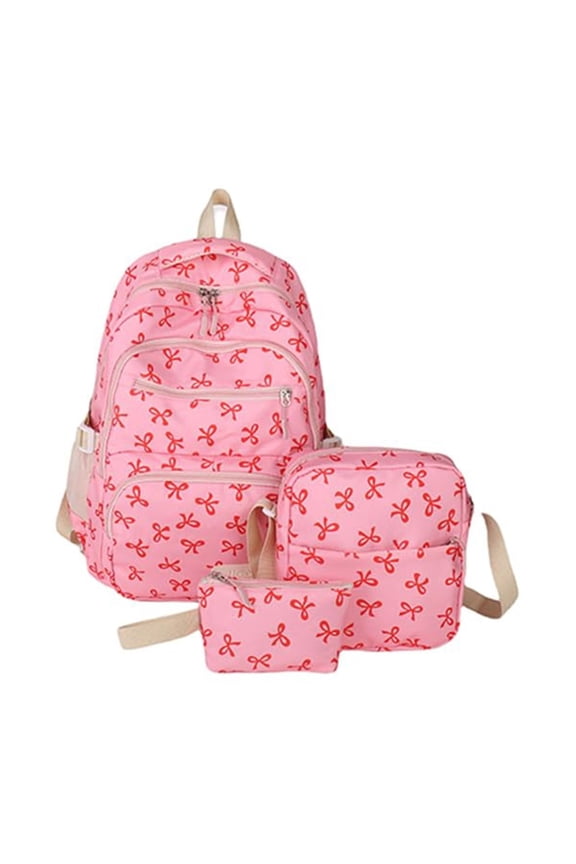 3-Piece Cute Bow Print Backpack Set for Teens - College Bookbag, Lightweight Travel Daypack Hot Pink