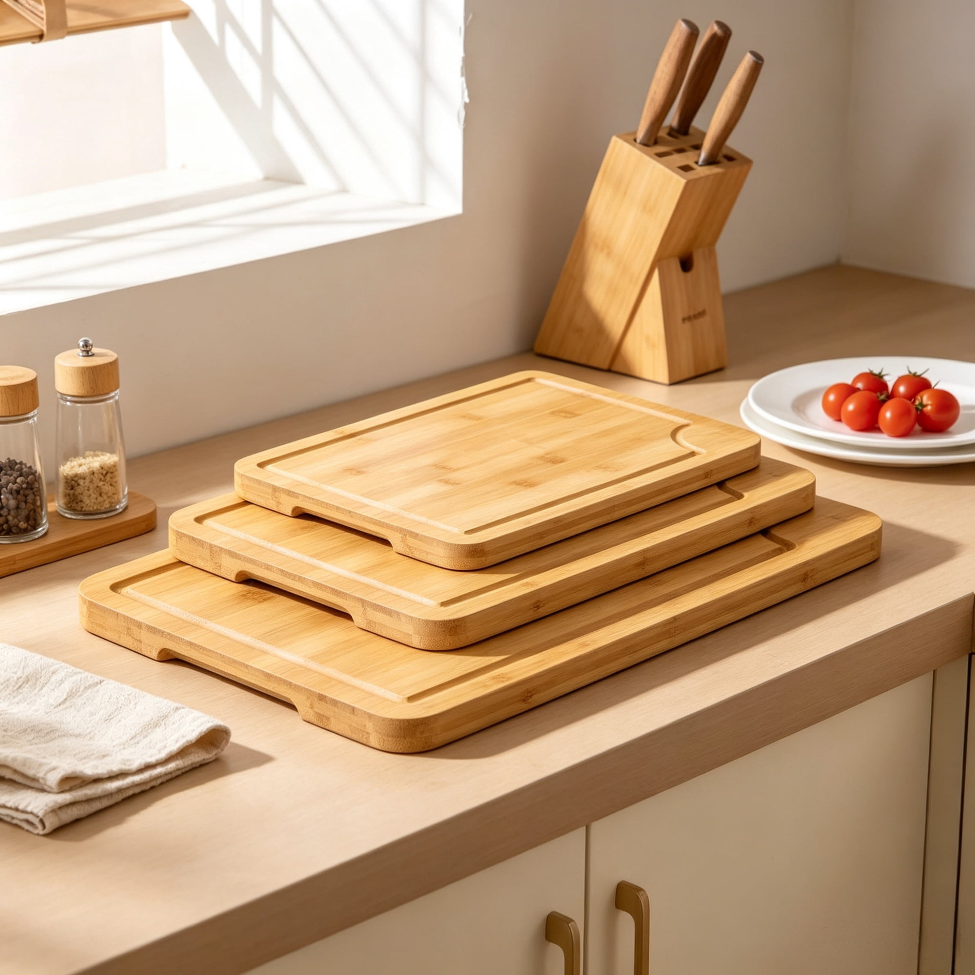 3-Piece Cutting Board Set, Sturdy Chopping Board with Juice Groove & Handle for Serving