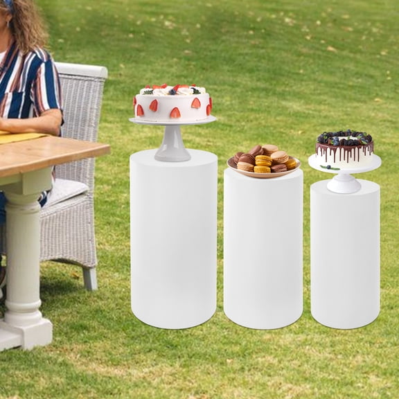 3-Piece Cylindrical Display Stand Set for Weddings, Banquets, and Parties, White Iron Cake & Dessert Stands