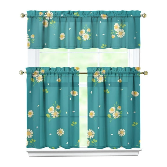 3-Piece Daisy Kitchen Curtain Set - Ruffled Valance and Tier Curtains with Rod Pocket, Fresh Floral Pattern for Farmhouse Kitchen Windows Decor, 54"x14" + 27.5"x36"x2