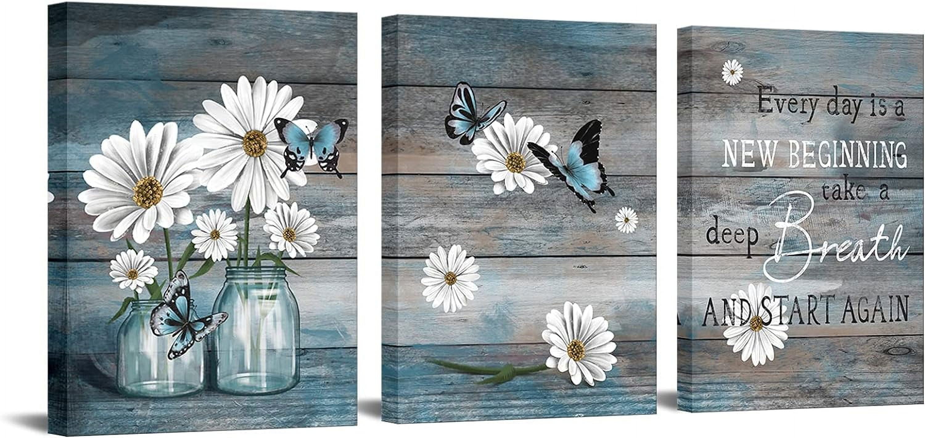 3 Piece Daisy Wall Art Butterfly Inspirational Picture on Canvas for Kitchen Office Wall Decor Rustic Country Paintings Framed 12"x16" for Each