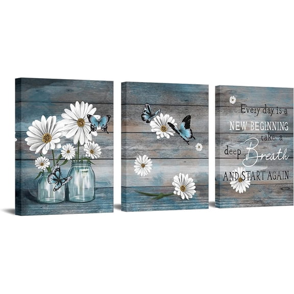 3 Piece Daisy Wall Art Butterfly Inspirational Picture on Canvas for Kitchen Office Wall Decor Rustic Country Paintings Framed 12"x16" for Each