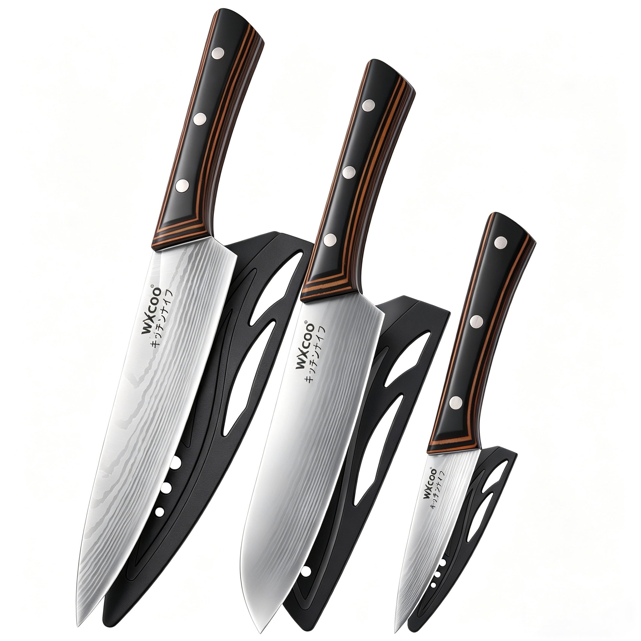 3-Piece Damascus Pattern Kitchen Knife Set, Wood Grain Handle Stainless Steel Chef Knives with Blade Guards, Sharp Multi-purpose Cooking Cutlery for Home Kitchen
