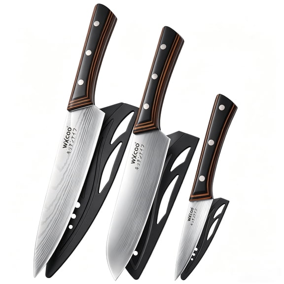 3-Piece Damascus Pattern Kitchen Knife Set, Wood Grain Handle Stainless Steel Chef Knives with Blade Guards, Sharp Multi-purpose Cooking Cutlery for Home Kitchen