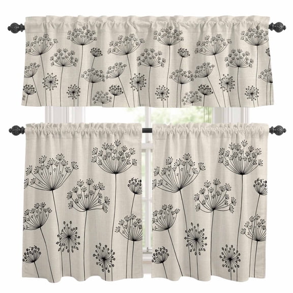 3 Piece Dandelion Kitchen Curtain Valance and Tiers Set Spring Black Dandelion Floral Linen Texture Rod Pocket Tier Curtain 24 Inch Small Window Drapes for Living Room Bedroom Cafe Home Decor