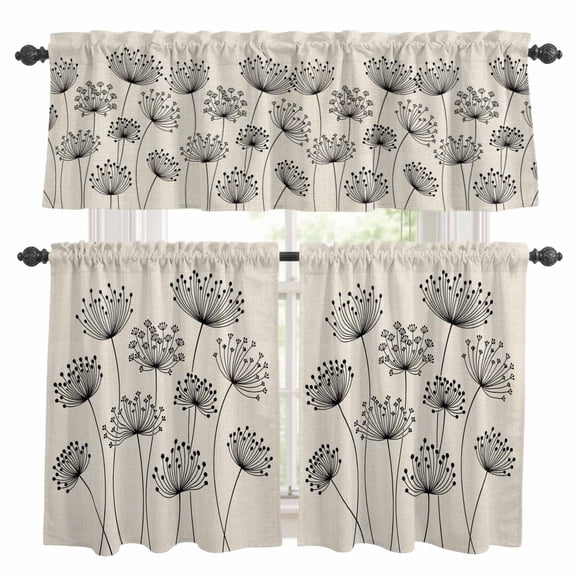 3 Piece Dandelion Kitchen Curtain Valance and Tiers Set Spring Country Black Dandelion Floral Linen Texture Rod Pocket Tier Curtain 36 Inch Small Window Drapes for Living Room Bedroom Cafe Home Decor