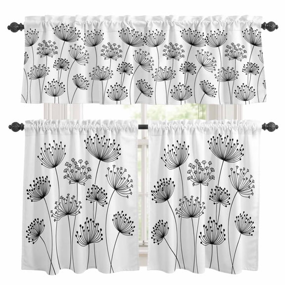 3 Piece Dandelion Kitchen Curtain Valance and Tiers Set Spring Fields Black Dandelion Floral Rod Pocket Tier Curtain 24 Inch Small Window Drapes for Living Room Bedroom Cafe Home Decor