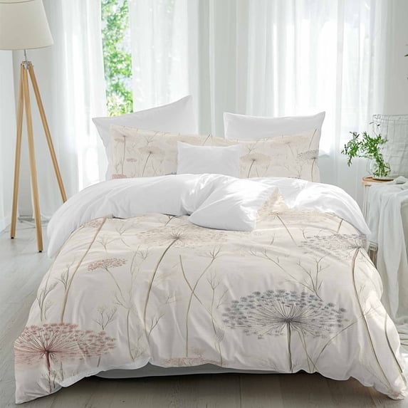 3 Piece Dandelion Retro Leaves Duvet Cover Set Queen Size,Microfiber Comforter/Quilt Cover with Corner Ties and 2 Pillowcases,Farmhouse Botanical Watercolor All Season Bedding with Zipper Closure