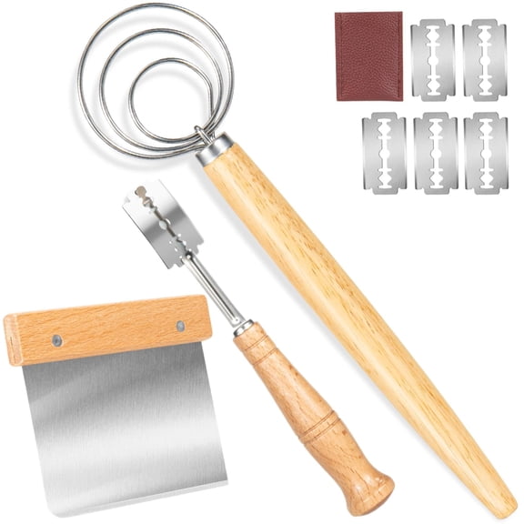 3-Piece Danish Dough Whisk Set | Bread Making Tools with Dough Scraper Sourdough Cutter, Lame Doughs Scoring Tool Blades