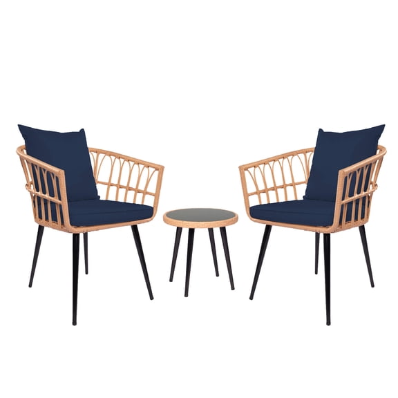 3 Piece Dark Blue Outdoor PE Rattan Conversation Chair Set,Patio Bistro Set with Side Table, Cushions & Lumbar Pillows for Garden,Backyard,Balcony or Poolside,Furniture of Coffee Table with Glass Top